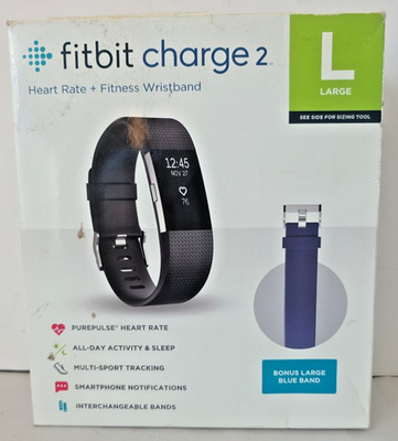 Fitbit Charge 2 Heart Rate Monitor Fitness Tracker Black & Blue Large Wristbands