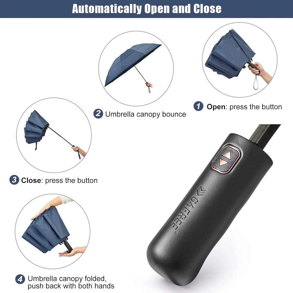 Ombrello Pieghevole Grande Da 157 Cm, 10 Costole, Robusto, Da Viaggio, Compatto, - Immagine 3 di 4