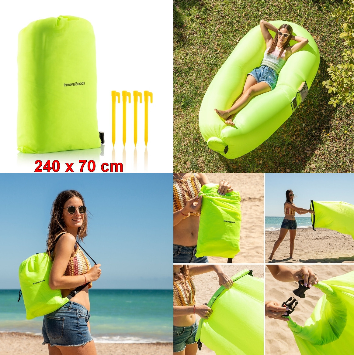 Tumbona Sofá Hinchable 240x70 cm, soporta 200 kg, piqueta, facil de inflar,bolsa