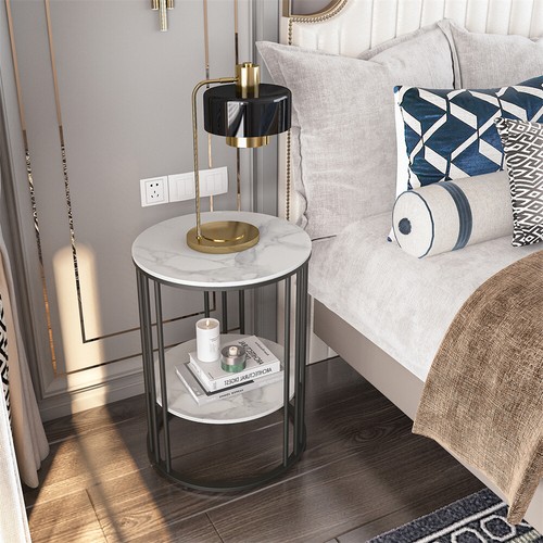 Retro Round Marble Side Table High Low Two-layer Shelf Storage Living Room Deco - Picture 6 of 12