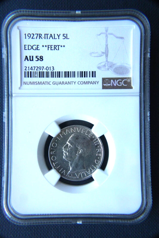1927 R 5 Lire Silver coin, Italy, Vittorio Emanuele III, NGC AU 58 - Image 3 of 4