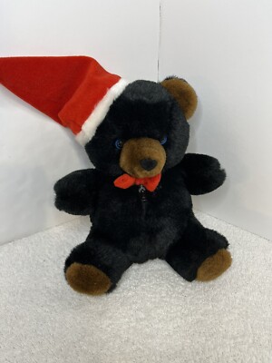 Vintage Ben Bridge Black Benny Bear Plush 8  Zipper Pouch 1990 Santa Hat Red Bow