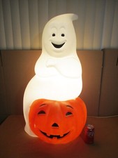 Vintage HUGE Ghost on Pumpkin Jack-o-Lantern Lighted Halloween Blow Mold 34"