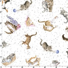 Feline Drive Fabric WHISKERS PAWS Tossed Cats White - Sold by the Yard