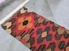 Handmade Geometric Kilim Rug Vintage Village Wool Jute Southwest Navajo Carpet