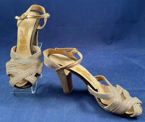 Vintage Hannahson's Footwear Gold Lame Woven Mesh Ankle Strap Shoes 1940s Heels - Picture 2 of 4
