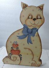 Wood stand alone cat hand painted 11 inches tall