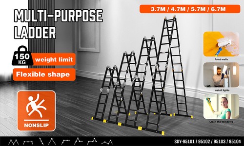 HORUSDY 3.7/4.7/5.7/6.7M Aluminium Folding Step Ladder Extension Multi-Purpose - Picture 2 of 22