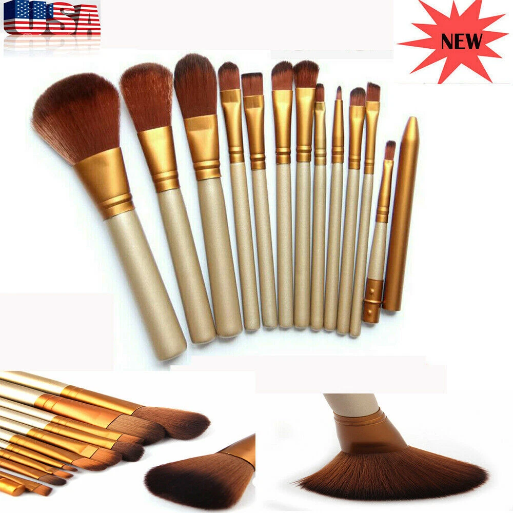 12Pcs Make Up Brushes Tool Makeup Foundation Blusher Brown Gold New 100Set Hot