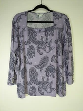 Liz Claiborne Size XL Purple Paisley Square Neck 3/4 Sleeve Top