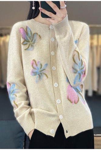 Moda Mujer Lana Cárdigan Cuello Redondo Floral Estampado Suelto Abrigo Suéteres - Imagen 11 de 21