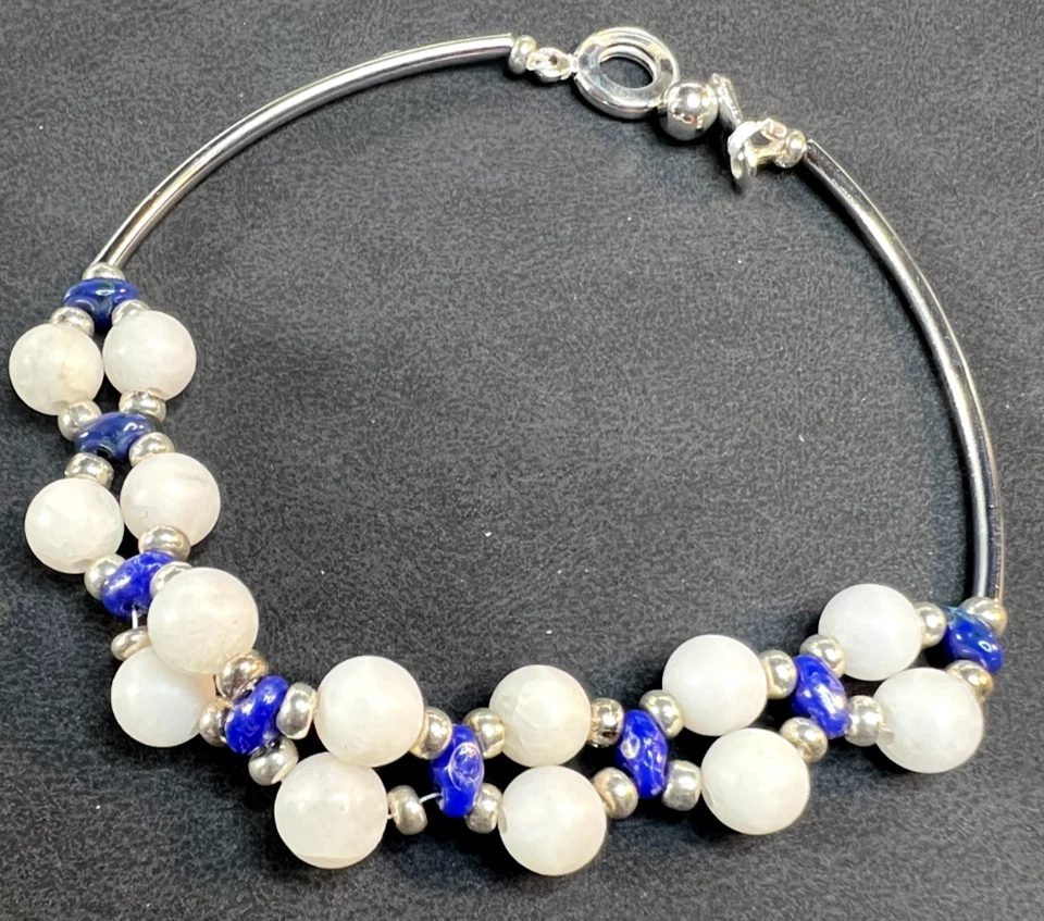 Handmade White Howlite bracelet with blue and silver accents with snap clasp - Image 2 of 3