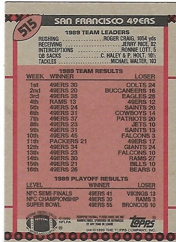Tarjeta de fútbol americano Topps 1990 Montana to Craig a Winning Dou San Francisco 49ers #515 - Imagen 8 de 14