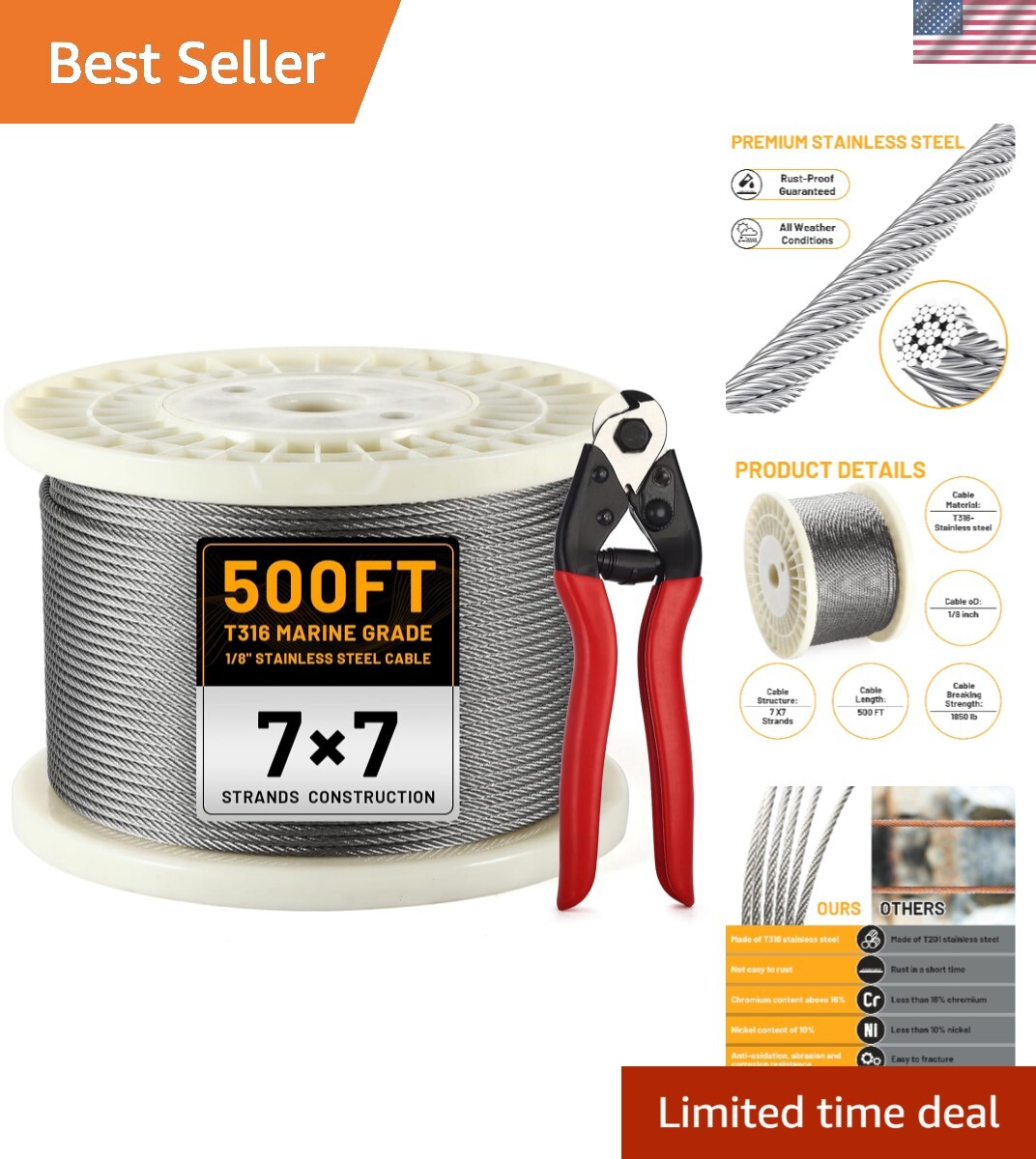Stainless Steel 500FT Cable with Cutter - Perfect for Outdoor Railings & Gardens