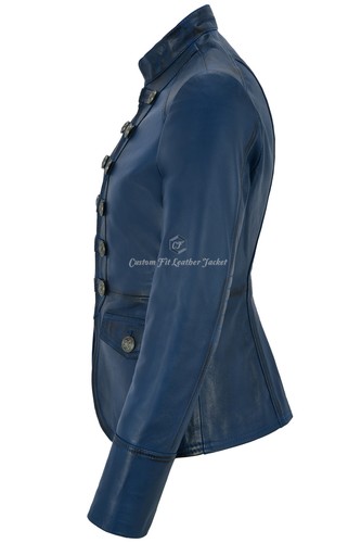 Ladies Leather Jacket Blue Victory Military Parade Style Real Soft Lambskin 8976 - Picture 3 of 11