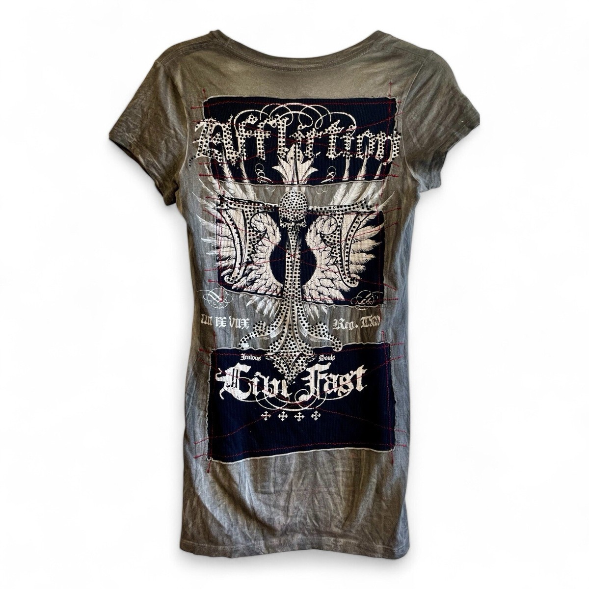 Vintage Affliction Y2K Gray Embellished Cotton Skull Goth
