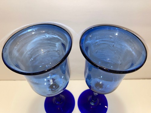 (2) Hand Blown Cobalt Blue Long Stemmed Drinking Glasses - Picture 3 of 7