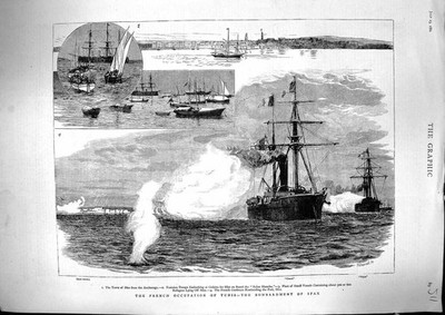 Alte 1881 französische Kriegsschiffe Tunis Sfax Chacal Pique Landbatterie Golet viktorianisch