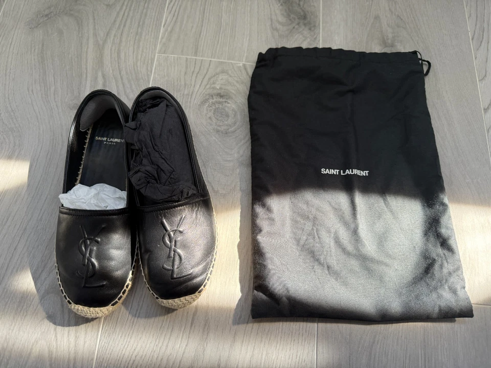 Saint Laurent YSL logotipo grabado cuero negro esparillas talla 35 usado dos veces! Foto 3 de 4