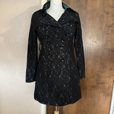 Blanc Noir Women Black Lace Double Breasted Trench Coat Sz Small Whimsigoth  Y2K