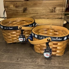 Set of 2 Wooden Woven Snowman Nesting Baskets Ceramic Handles Let it Snow. Decor