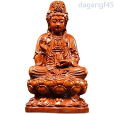15cm Wood Handcarved Lotus Guanyin Buddha Statue Home Feng Shui Decoration