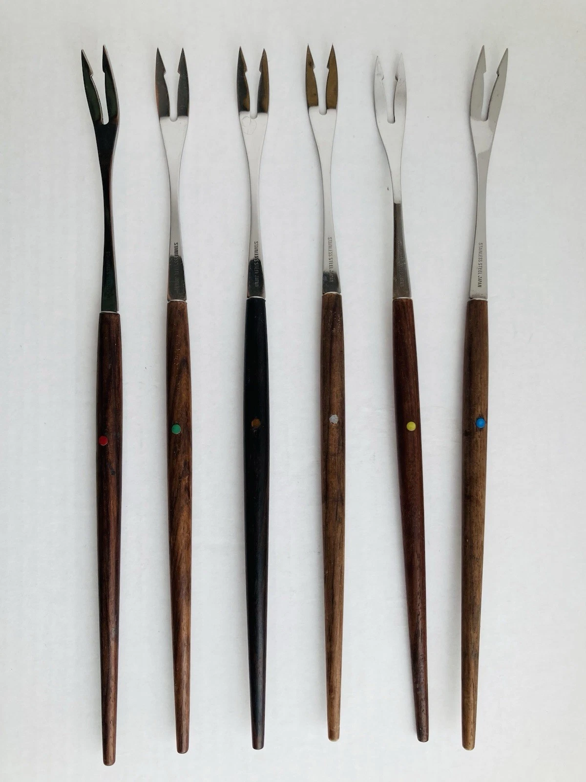 Set of 6 Vtg Modern Fondue Forks Teak Wood Handles Color Dot Stainless Japan J21