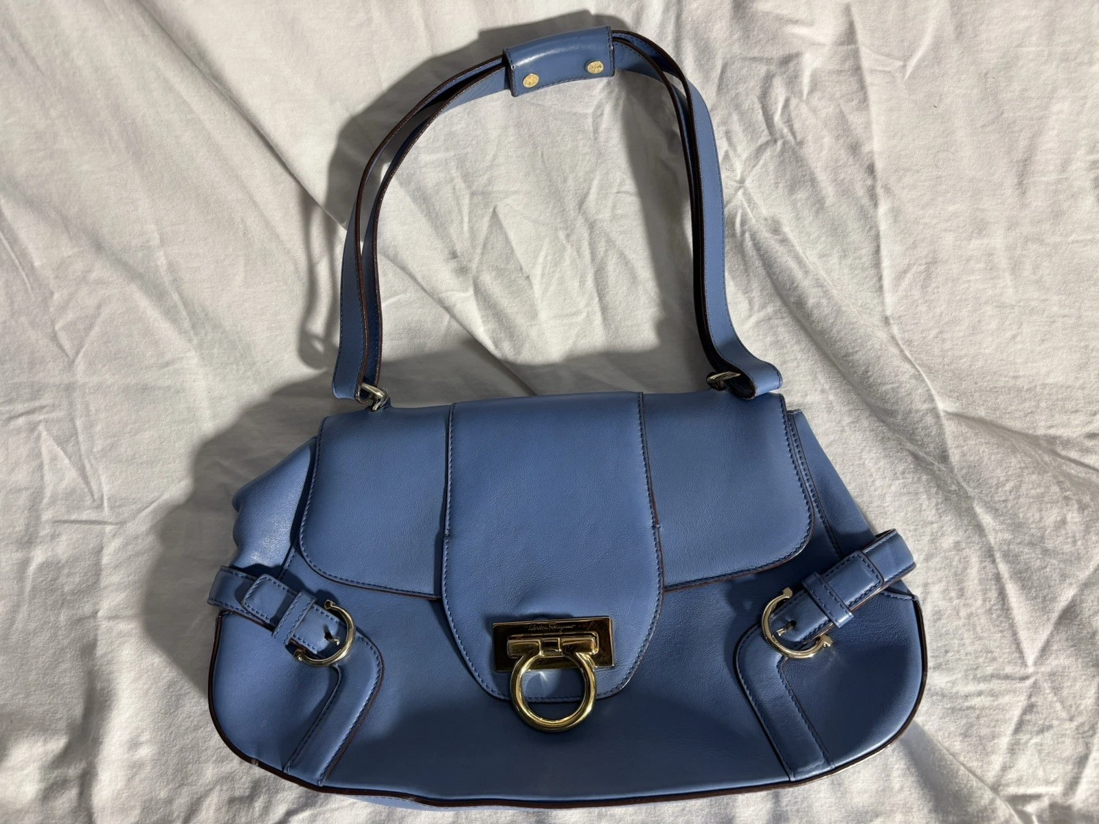 Ferragamo — Salvatore Ferragamo Blue Leather Bag, Handbag, Purse, No AQ-21 4935
