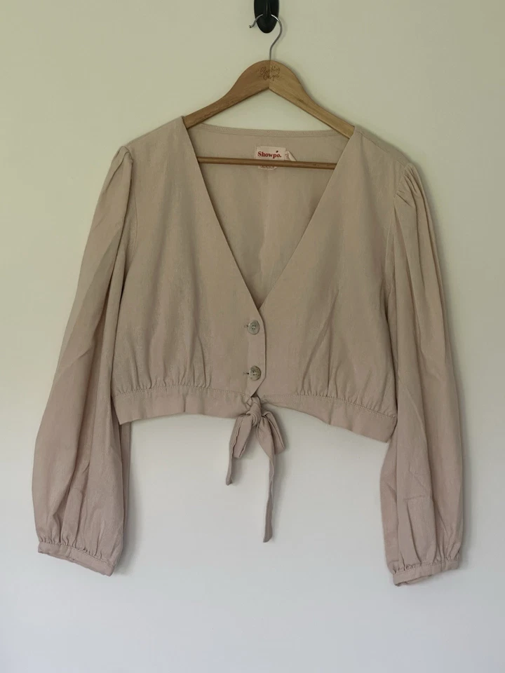 Snowpo Linen Blend Boho Balloon Sleeve Cropped Tie Top Size 18