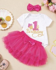 Girls 1st Birthday Dress Set Pink White Bodysuit Tulle Skirt Bow Headband 3pc