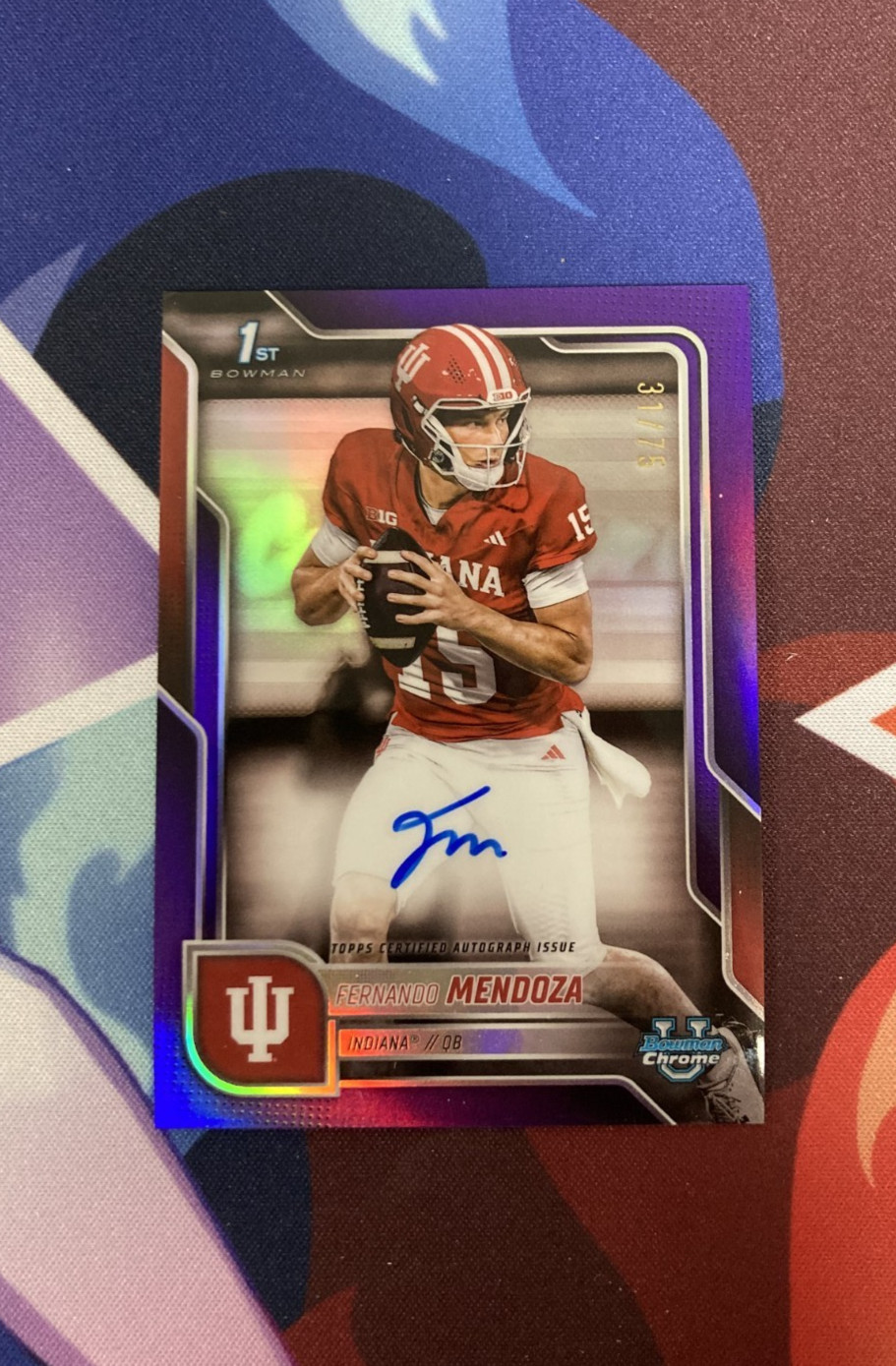 Fernando Mendoza 2025 Topps Bowman U Chrome #BCA-FME 1st Auto, Purple /75