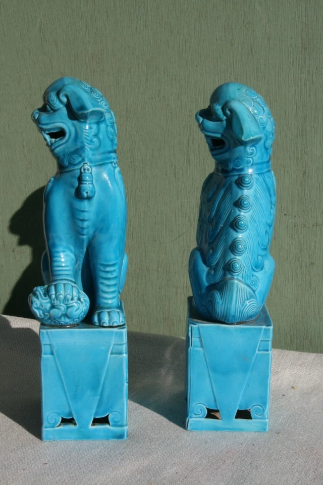 2 chiens Fo en céramique vernissée bleu de chine - Photo 2/4