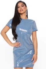 Fashion Nova NEW NWT RARE Blue Sequin Dress Shift Mini Short Sleeve Small S