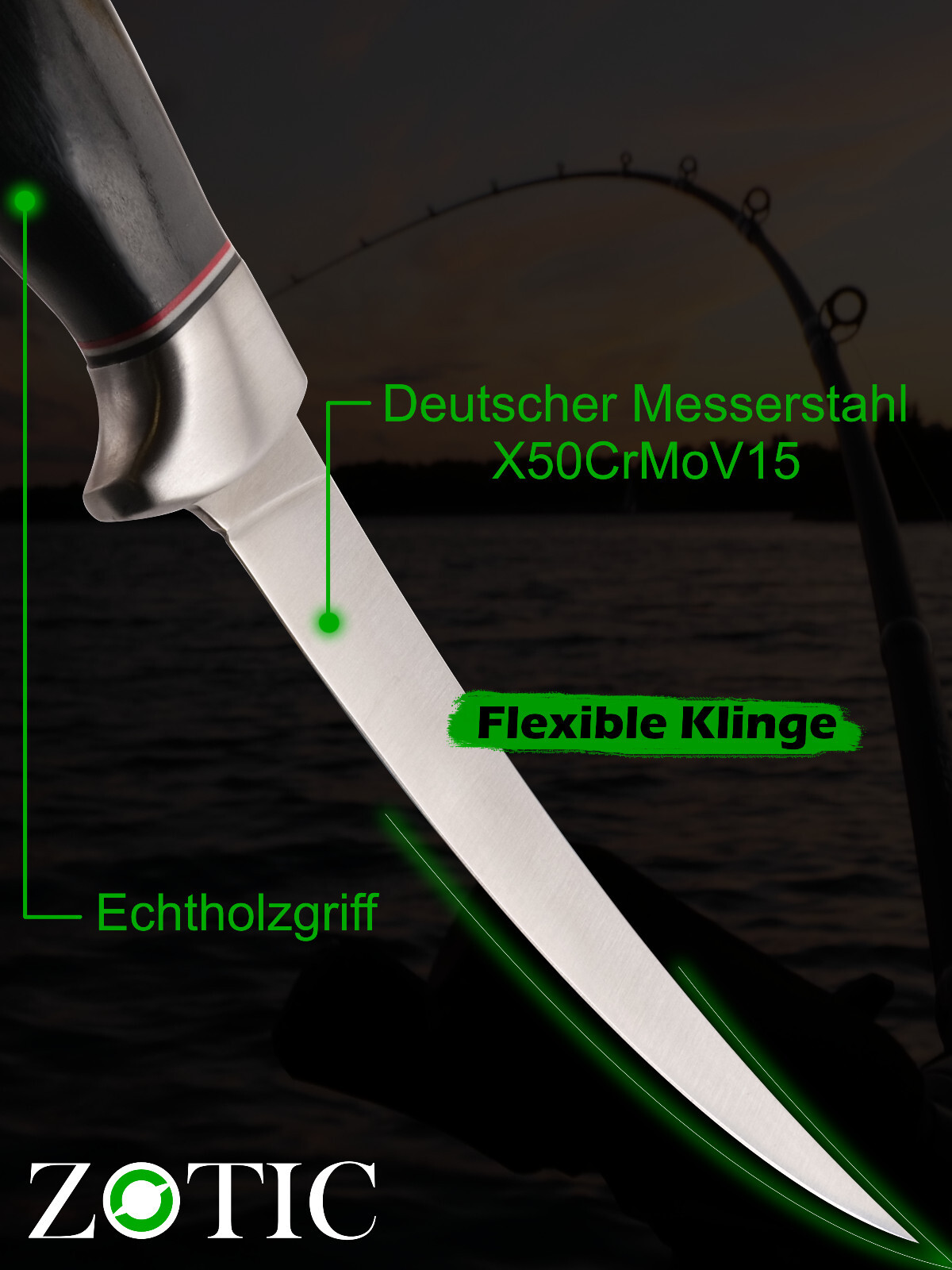 Zotic Profi Fisch Filetiermesser, scharf, deutscher Messerstahl, biegsam, B-Ware