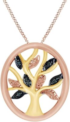 Accent Blue Natural Diamond Tree Life Pendant Necklace In 925 Sterling Silver