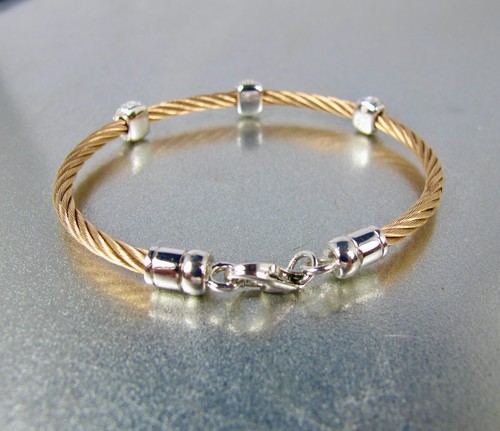 Savvy Cie Sterling 925 Diamond Rose Gold Stainless Steel Cable Bangle Bracelet - Picture 10 of 13