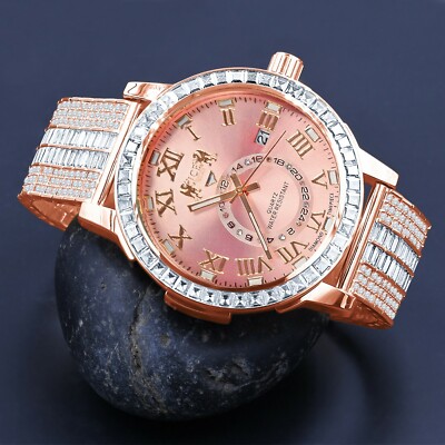 New Icy White Baguette Rose Gold Tone Pink Face Dial Custom Band Luxury Watch