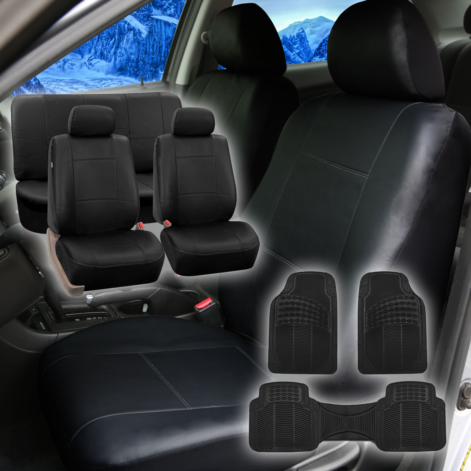 Faux Leather Black Car Seat Cover Full Set w/Gray  Floor Mat