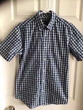George Men's Button Front Short Sleeve Shirt Blue Plaid Size Small 34-36
