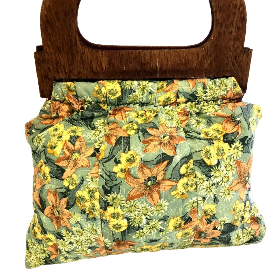Vtg 80's Quilted FLORAL Wood Handle Handbag KNITTING Purse MoD Hippie Satchel - Image 2 of 4