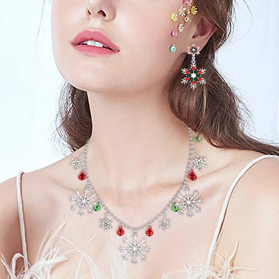 METOBAR Christmas Necklace Earrings Bracelet Set Rhinestone Snowflake Collar Nec - Image 3 of 4