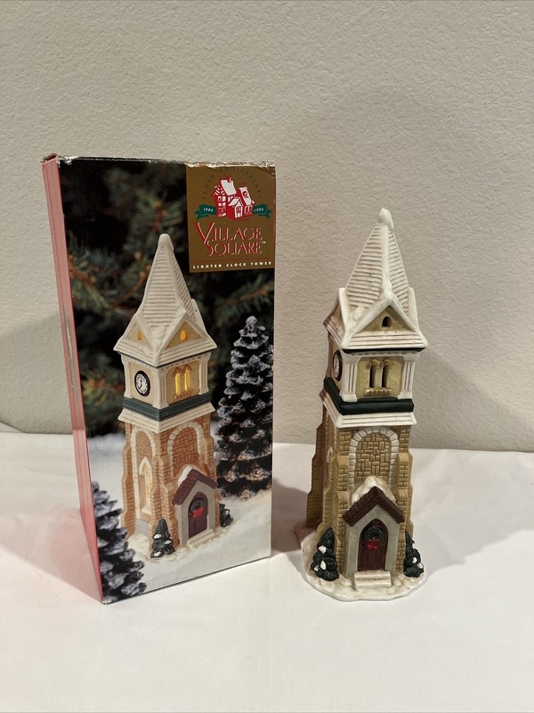 Mervyn's Village Square Lighted Ceramic Clock Tower 10th Anniversay Collection