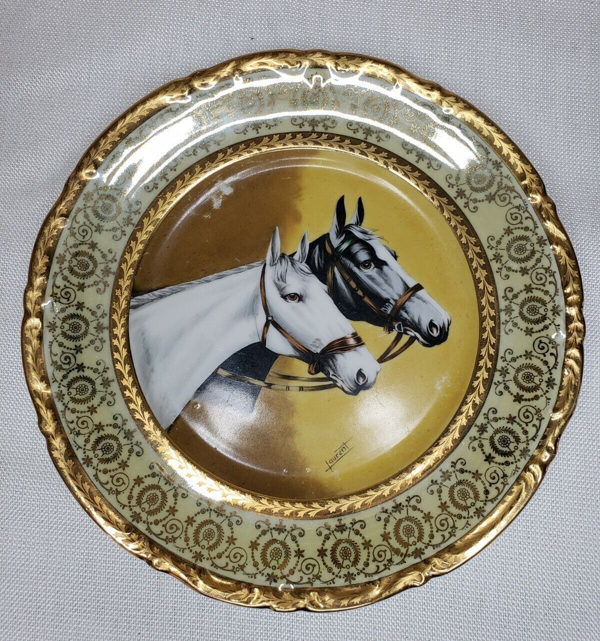 Vintage Limoges France Horse Equestrian Decorative Plate Encrusted Trimmed Gold