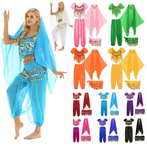 Womens Arabian Belly Dance Costume Crop Top Pants Hip Scarf Head Scarf Outfits - Picture 4 of 74