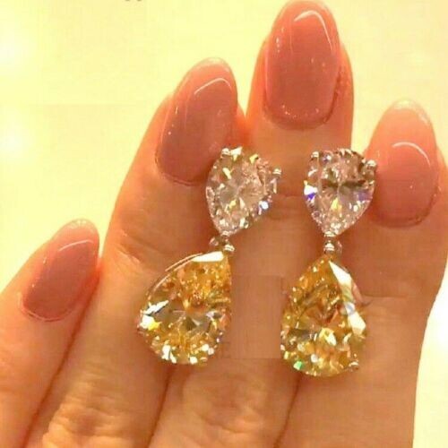 Impressive 8.92CT Yellow Citrine & Lab-Created Diamonds Fine Dangling Earrings - Picture 1 of 7