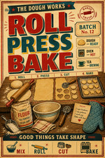 204. Roll Press Bake Retro 50s Bakery Kitchen Baking Chef Wall Art Poster A1-A4