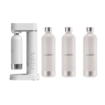 FIZZIT White Stainless Steel Sparkling Water Maker with 3 Reusable 1L Bottles