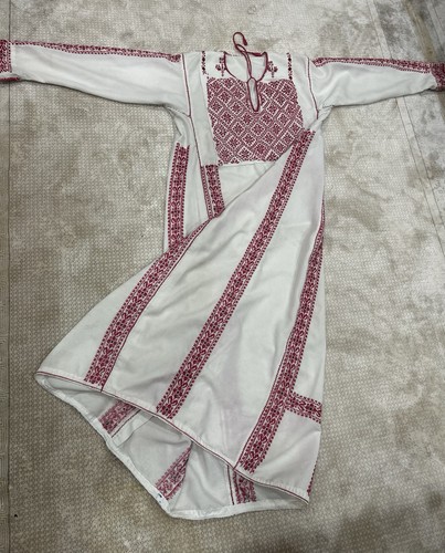 White Vintage Palestinian Traditional Thobe- Hand-Embroidered Tatreez Dress - Picture 2 of 18