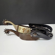 TOUGH 1 Metal Fancy Overlay w/Crosses COWBOY BOOT SPURS Circle Y Leather Straps