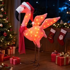 Lighted 3D Christmas Flamingo Outdoor Decoration with Santa Hat  Scarf, Pink...